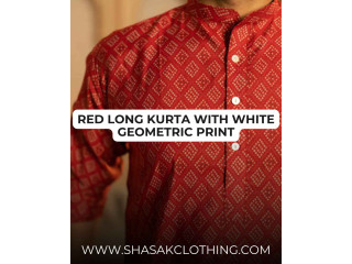 The Muslin Red Long Kurta With White Geometric Print